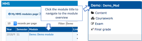 Links to the module overview in MMS and MySaint